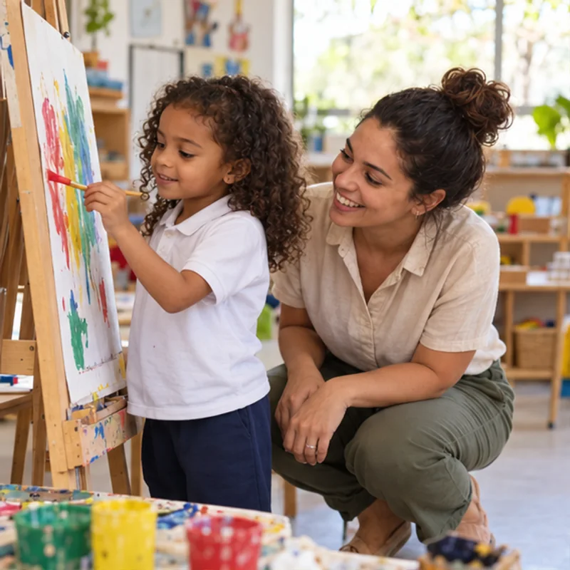 Imagem ilustrativa de uma professora acompanhando uma criança em uma atividade de pintura.