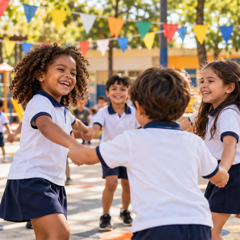 Cena ilustrativa de crianças brincando juntas em um pátio escolar.
