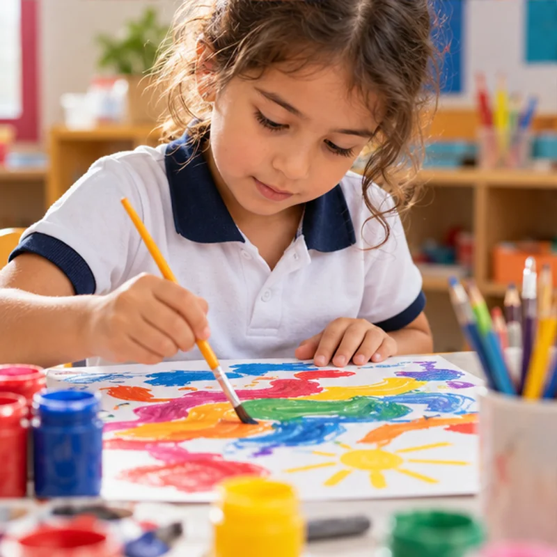 Cena ilustrativa de uma criança explorando pintura e materiais de arte.
