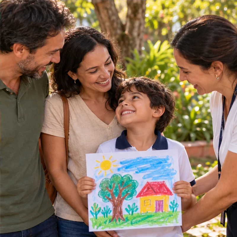 Cena ilustrativa de uma família e uma professora observando um desenho infantil.