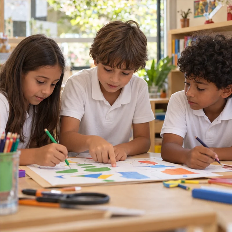 Cena ilustrativa de estudantes do Ensino Fundamental colaborando em uma atividade.