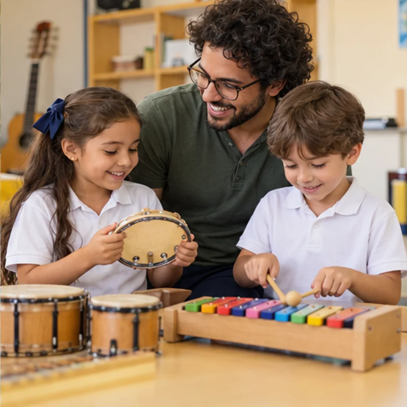 Imagem ilustrativa de crianças descobrindo instrumentos de percussão.