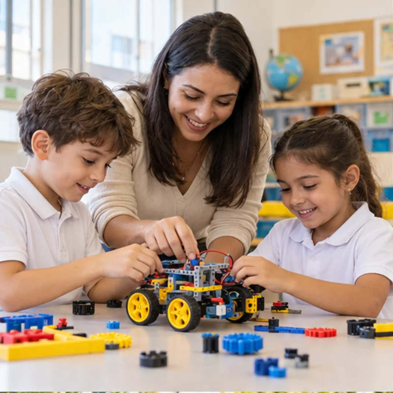 Imagem ilustrativa de crianças e professora explorando a construção de um pequeno robô.